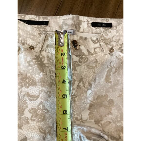 Cache Floral Lace Jacquard Print Skinny Jeans Gold/Off White lowrise Pants 2 - Picture 3 of 13